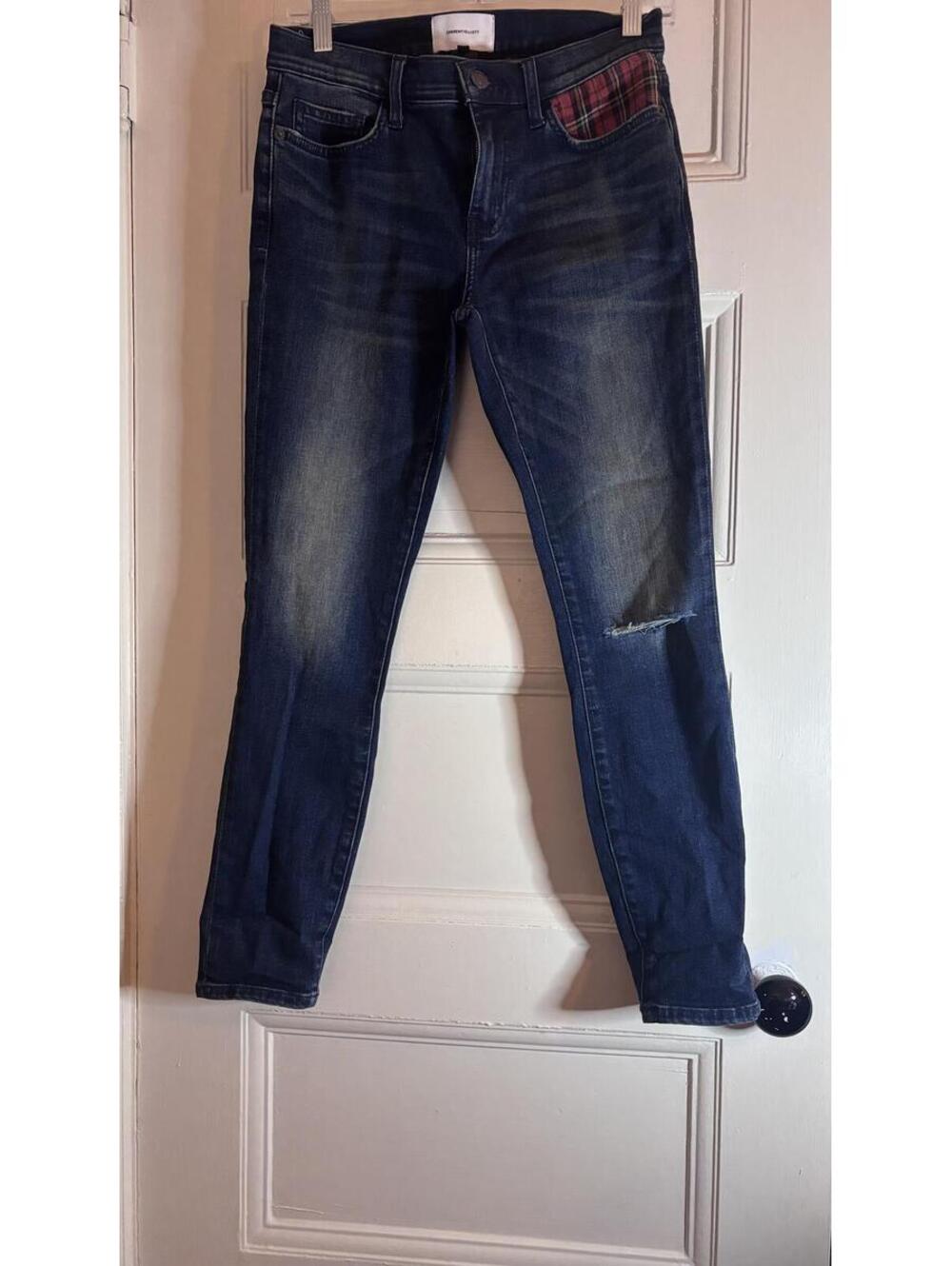 Current/Elliott Skinny Jeans Plaid Tartan Pocket Distressed Denim - Size 27